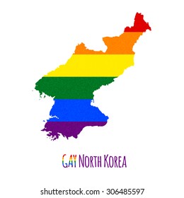 Vector map of North Korea in LGBT (lesbian, gay, bisexual, and transgender) flag colors and GAY North Korea caption on white background. Rainbow flag with denim textile texture.