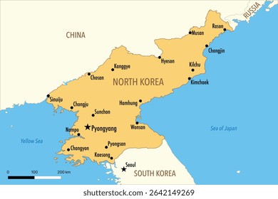 Vector Map of North Korea with Major Cities and Neighboring Countries – Editable Illustration