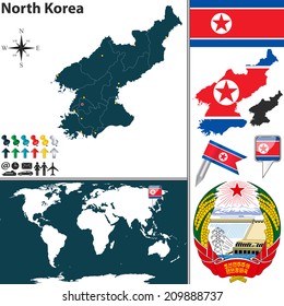 Vector map of North Korea with regions, coat of arms and location on world map