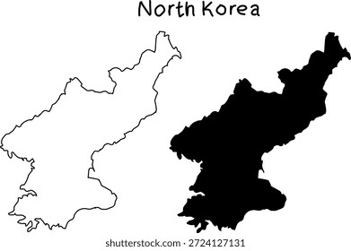 Mapa vetorial da Coreia do Norte mostrando versões em contorno e silhueta sólida lado a lado. Ilustração mínima do país em preto e branco.