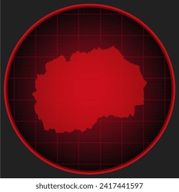 Mapa vectorial del norte de Macedonia en la pantalla del radar con una red roja. Plantilla Europa país sobre el patrón de radar de seguimiento, informe, antecedentes. Límite del concepto de tecnología en Macedonia para noticias, infografía, ejército