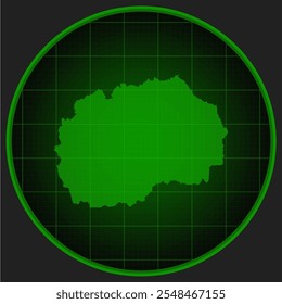 Vector map North Macedonia on the radar screen with a green grid. Template Europe country on monitor radar for pattern, report, background. Technology concept boundary for news, infographic, army