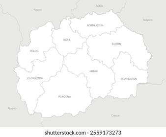 Vector map of North Macedonia with statistical regions and administrative divisions, and neighbouring countries and territories. Editable and clearly labeled layers.