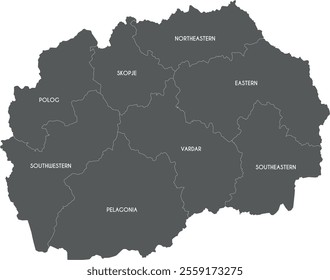 Vector map of North Macedonia with statistical regions or territories and administrative divisions. Editable and clearly labeled layers.