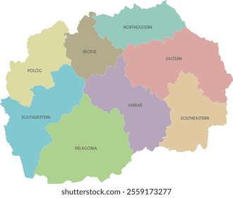 Vector map of North Macedonia with statistical regions or territories and administrative divisions. Editable and clearly labeled layers.