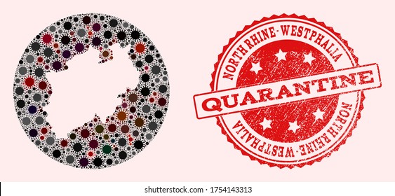Vector map of North Rhine-Westphalia State mosaic of SARS virus and red grunge quarantine stamp. Infection cells around the quarantine territory from out space.