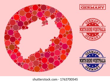 Vector map of North Rhine-Westphalia State collage of round items and red scratched seal stamp. Hole round map of North Rhine-Westphalia State collage composed with circles in various sizes,