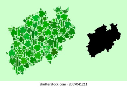 Vector Map of North Rhine-Westphalia State. Composition of green grape leaves, wine bottles. Map of North Rhine-Westphalia State collage created with bottles, grapes, green leaves.