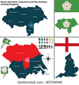 Vector map of North Yorkshire in Yorkshire and the Humber, United Kingdom with regions and flags svg
