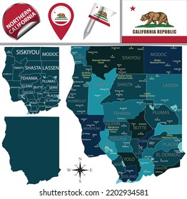 Vector map of Northern California, USA with named regions and travel icons