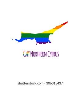 Vector map of Northern Cyprus in LGBT (lesbian, gay, bisexual, and transgender) flag colors and GAY Northern Cyprus caption on white background. Rainbow flag with denim textile texture.