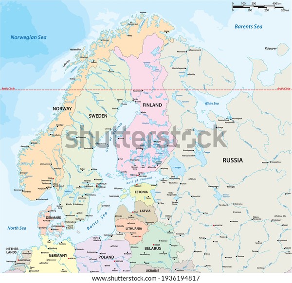 vector map of northern europe with major cities and\
bodies of water 