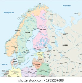 Vector map of Northern Europe with the most important cities and bodies of water 