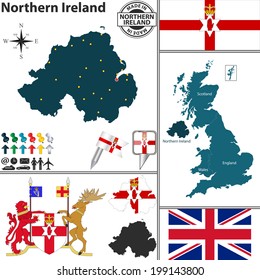 Vector map of Northern Ireland with coat of arms and location on United Kingdom map