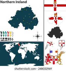 Vector map of Northern Ireland with coat of arms and location on world map