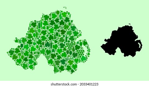 Mapa de vectores de Irlanda del Norte. Combinación de hojas de uva verde, botellas de vino. Mapa del mosaico de Irlanda del Norte diseñado con botellas, bayas, hojas verdes.