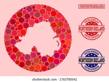 Vector map of Northern Ireland mosaic of circle elements and red watermark seal stamp. Hole round map of Northern Ireland collage designed with circles in various sizes, and red color tints.