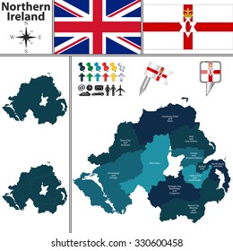 Vector map of Northern Ireland with subdivisions and flags