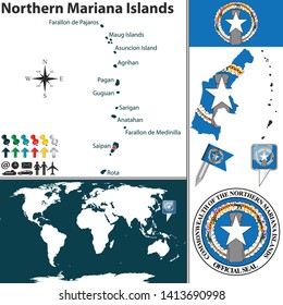 Vector map of Northern Mariana Islands with coat of arms and location on world map