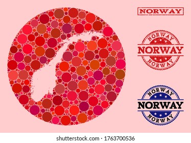 Vector map of Norway collage of circle spots and red rubber stamp. Stencil circle map of Norway collage formed with circles in variable sizes, and red color hues.
