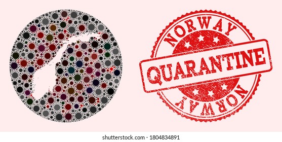 Vector map of Norway collage of coronavirus and red grunge quarantine seal. Infection cells attack the lockdown territory from out space.