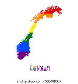Vector map of Norway in LGBT (lesbian, gay, bisexual, and transgender) flag colors and GAY Norway caption on white background. Rainbow flag with denim textile texture.