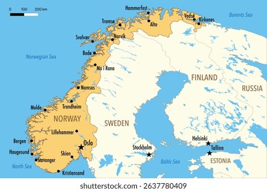 Vector Map of Norway with Major Cities and Neighboring Countries – Editable Illustration