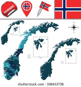 Vector map of Norway with named divisions and travel icons