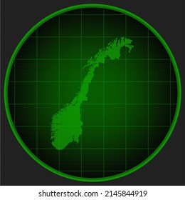 Vector map Norway on the radar screen. Template Europe country for pattern, report, background. Concept outline of the state Norway for news, infographic. Contour map for your design, illustration
