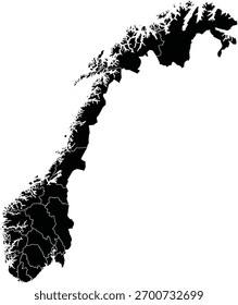 Landkarte von Norwegen mit Regionen Schwarze Silhouette