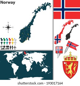 Vector map of Norway with regions, coat of arms and location on world map