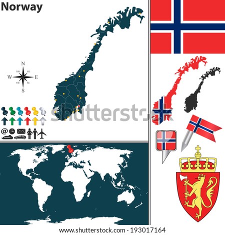Vector map of Norway with regions, coat of arms and location on world map