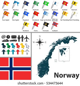 Vector map of Norway with regions with flags