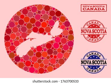 Vector map of Nova Scotia Province collage of circle dots and red watermark seal. Hole round map of Nova Scotia Province collage designed with circles in different sizes, and red color tints.