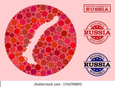 Vector map of Novaya Zemlya Islands collage of round spots and red watermark stamp. Stencil round map of Novaya Zemlya Islands collage created with circles in variable sizes, and red color tints.