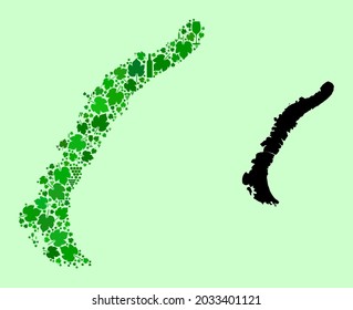 Vector Map of Novaya Zemlya Islands. Combination of green grape leaves, wine bottles. Map of Novaya Zemlya Islands collage designed with bottles, berries, green leaves.