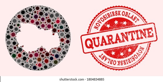 Vector map of Novosibirsk Region collage of SARS virus and red grunge quarantine stamp. Infection cells attack the quarantine territory from external zone.