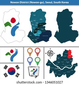 Vector Map Of Nowon District Or Gu Of Seoul Metropolitan City In South Korea With Flags And Icons