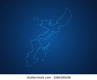 Mapa vectorial de la línea azul abstracta de Okinawa escala sobre fondo oscuro.