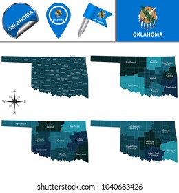 Vector map of Oklahoma with named regions and travel icons