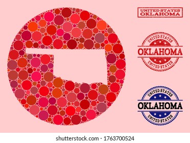 Vector map of Oklahoma State collage of round elements and red watermark stamp. Subtraction circle map of Oklahoma State collage composed with circles in different sizes, and red color tinges.