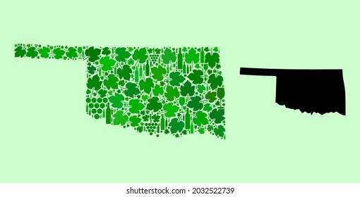 Vector Map of Oklahoma State. Combination of green grape leaves, wine bottles. Map of Oklahoma State collage created with bottles, grapes, green leaves.