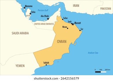 Vector Map of Oman with Major Cities and Neighboring Countries – Editable Illustration