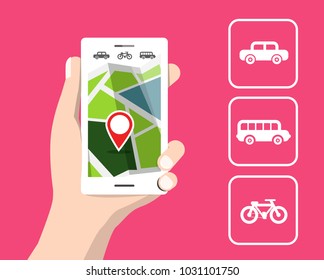 Vector Map on Cellphone. Travel by Car, Bicycle and Bus. GPS Location.
