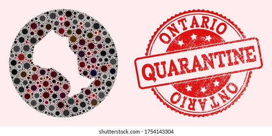 Vector map of Ontario Province collage of SARS virus and red grunge quarantine seal. Infection cells attack the lockdown territory from external zone.