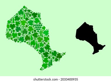 Vector Map of Ontario Province. Mosaic of green grapes, wine bottles. Map of Ontario Province mosaic created with bottles, grapes, green leaves. Abstract mosaic is designed for alcohol shops agitprop.