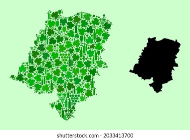 Vector Map of Opole Province. Mosaic of green grape leaves, wine bottles. Map of Opole Province collage designed from bottles, grapes, green leaves.