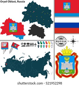 Vector map of Oryol Oblast with coat of arms and location on Russian map