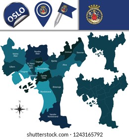 Vector map of Oslo, Norway with named boroughs and travel icons