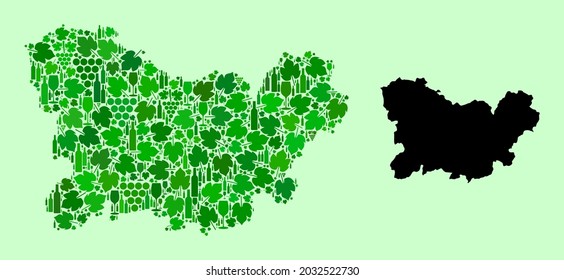 Vector Map of Ourense Province. Mosaic of green grape leaves, wine bottles. Map of Ourense Province collage formed from bottles, grapes, green leaves.